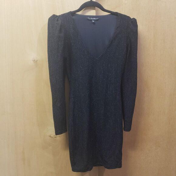 GUESS Cardi Metallic Puff Sleeve Dress Color-Black Size XS - Picture 3 of 9